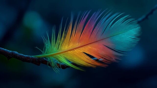 Vibrant feather on branch displaying spectrum of colors against dark backdrop