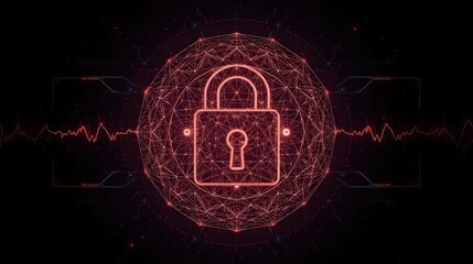 A digital padlock surrounded by a red network sphere with waveform and hud elements on black