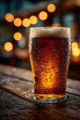 Frosty pint glass of amber ale with condensation rests on a rustic bar. The background is a cozy pub with warm, soft lights blurred beautifully.