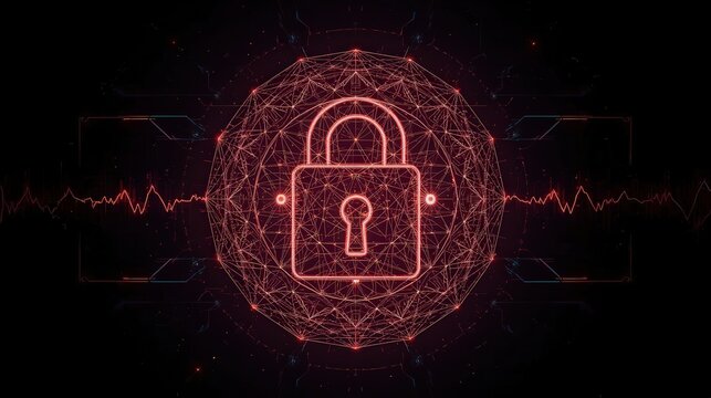 A digital padlock surrounded by a red network sphere with waveform and hud elements on black