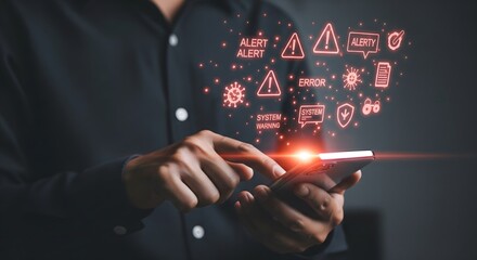 Man Using Smartphone With Digital Warning Notifications and System Error Alerts Displayed in Holographic Interface