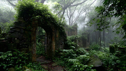 Ancient stone ruins in lush forest