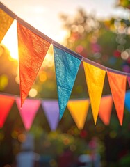 Colorful triangular flags in sunlight