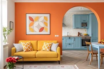 Vibrant ambiance with a yellow and orange living room, yellow sofa, and blue kitchen with arches. Perfect for modern interior design.
