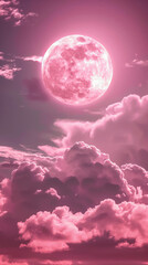 Soft pink clouds and a glowing moon shining in the distance drift gently across the sky, creating a dreamy and magical display.