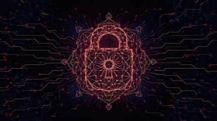 Glowing red padlock in geometric design with circuit board lines on a dark background art concept