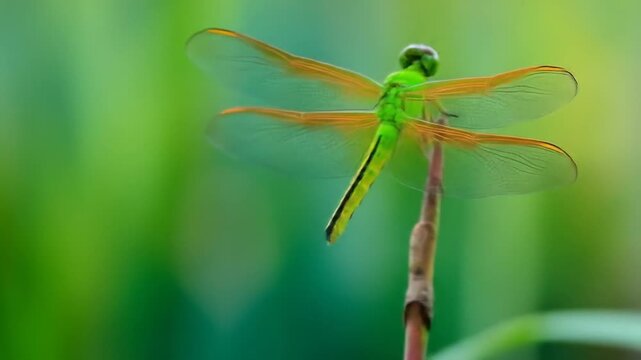 Green dragonfly resting on stem with blurred green background