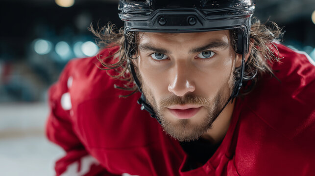 Professional hockey player in red uniform, portrait shot