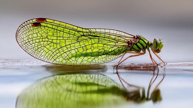 Close up of a green dragonfly with transparent wings nature background