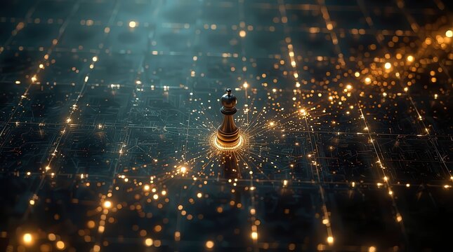 A chess queen standing on a futuristic grid with glowing lights and circuit like patterns around it