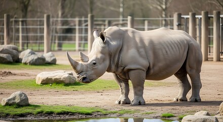 Majestic rhinoceros in enclosure, showcasing its powerful form in natural light