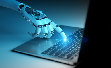 Robot using a laptop. Cyborg hand pressing a keyboard with his finger. 3D rendering