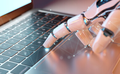 Robotic hand touching laptop keyboard. Artificial Intelligence and future technology concept. 3D rendering