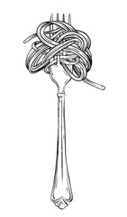 Linear graphic illustration of fork with just spaghetti around isolated on white background. Vintage vector ink engraving illustration Italian food, pasta sketch. Hand drawn in a graphic style linear.