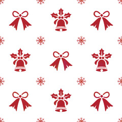 Festive red and white christmas pattern featuring bells bows and snowflakes