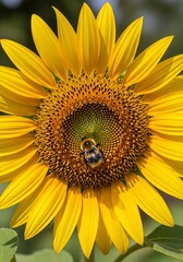 Radiant sunflower blossom with a buzzing bee, a symphony of color and life in vivid detail captured under natural light
