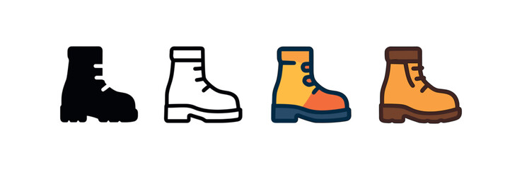 Vector icon work boots four styles black solid glyph outline minimal flat multicolor filled cartoon flat shaded.