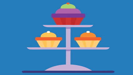 Colorful cupcakes arranged on a tiered stand in a flat design style