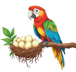Colorful macaw isolated on transparent background perched near a nest filled with eggs, symbolizing new life and the beauty of nature in a vibrant illustration
