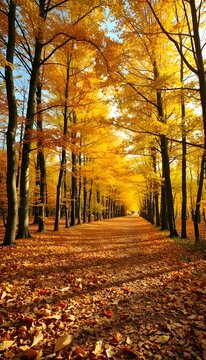 Autumn alley in golden forest. Scenic alley in the forest with bright yellow tree foliage and a carpet of autumn leaves.