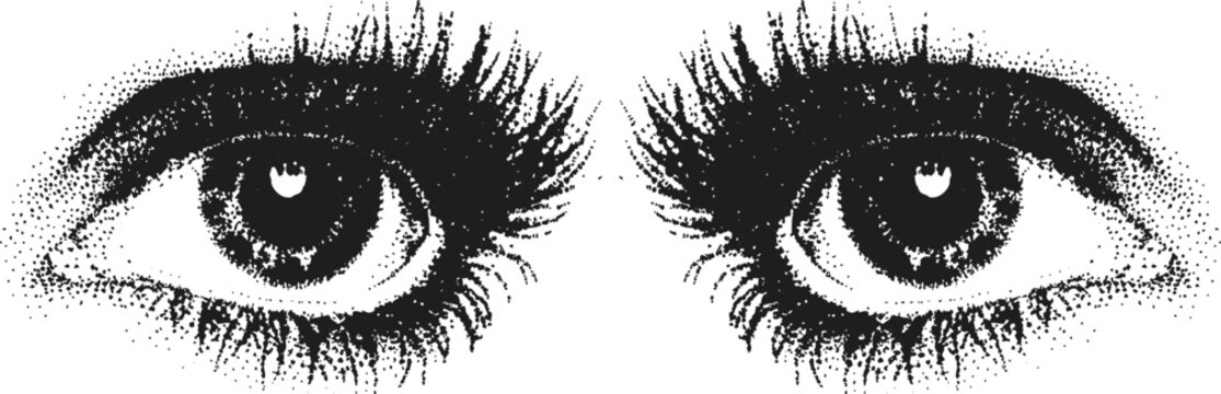 eye with halftone stipple effect vector illustration. eyelashes isolated halftone dots texture black white bitmap retro vintage pop art style collage element for mixed media modern crazy design