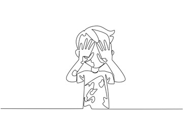 Single one line drawing boy wearing a tshirt full of colorful paint scribbles while covering eyes with hands. Dirty. Messy. Expressive. Happy. Drawing Day. Continuous line design graphic illustration