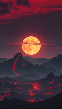 Fiery mountains and yellow moon. Fantasy landscape with fiery mountains, glowing lava streams and a giant yellow moon in the sky.