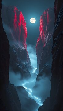 Moon over river in canyon. Mysterious landscape: the moon illuminates a river flowing between high red cliffs in light mist.