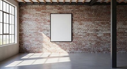 Sunlit modern loft space with blank frame on brick wall offering artistic possibilities and creative visions