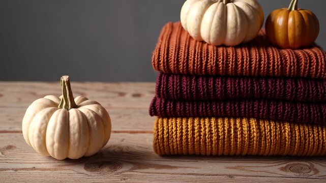 Cozy autumn decor with pumpkins and knit sweaters on wooden table top