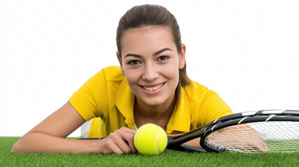 Smiling young caucasian female tennis player with racquet and ball on grass