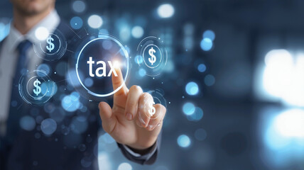 Businessman Interacting with Virtual Screen Displaying 'TAX' Word, Hologram Effect, Dollar Icon, Conceptualizing Digital Finance and Taxation in a Clean White Background Setting