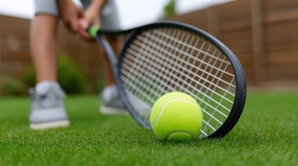 Grass court tennis game with focus on racket and ball action