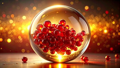 A transparent sphere containing numerous red spheres illuminated with a warm, glowing background.