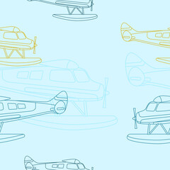 Editable Outline Style Side View Pontoon Floating Plane Flying Vector Illustration as Seamless Pattern for Creating Background of Transportation or Recreation Related Design