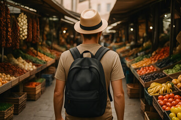 traveler strolls through a lively market street, surrounded by colorful fruit stands and local vendors