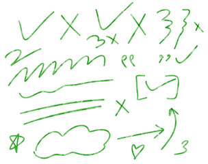 Collection of green handdrawn checkmarks, crosses, scribbles, arrows, and a cloud shape isolated on a transparent background, representing various symbols and notations