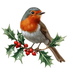A festive robin on holly isolated on transparent background, showcasing its bright orange breast amidst the vibrant green leaves and cheerful red berries