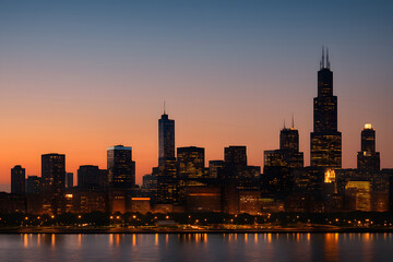 City skyline reflected in calm river at dusk background