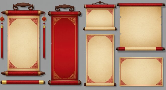 Chinese scroll paper set featuring red banners and ornate handles for royal-style announcements. Traditional blank parchment templates with rectangular, rounded, and pointed edges, ideal for ceremonia