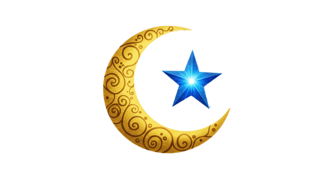 Golden crescent moon and glowing blue star on black background