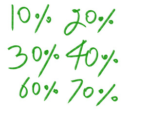 Handwritten green percentage signs indicating 10, 20, 30, 40, 60, and 70 isolated on a transparent background, representing discounts, sales, or financial data