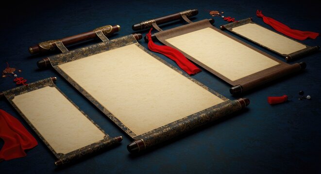 Chinese scroll paper set featuring red banners and ornate handles for royal-style announcements. Traditional blank parchment templates with rectangular, rounded, and pointed edges, ideal for ceremonia