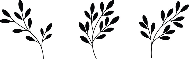 Minimal black botanical branch silhouettes with oval leaves isolated on white background for nature-inspired design, illustration, and decoration