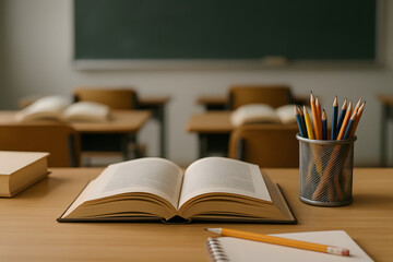 books school and color pencil essentials on desk