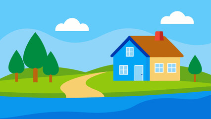 Cartoon house landscape with trees clouds