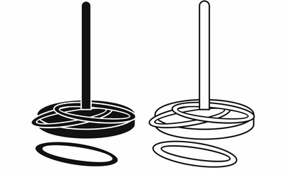 Vector illustration of ring toss toy, showing pole and circular rings in silhouette and outline style, ideal for education, games, kids activity, and icon design use.