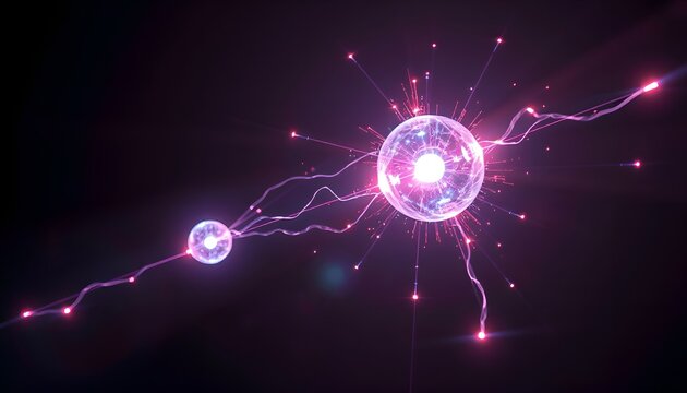 Electric interaction of glowing particles. Glowing particles connected by electric discharges and light lines. Abstract concept of energy and connection.