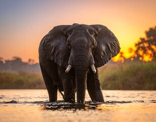 Majestic elephant crossing river at sunrise