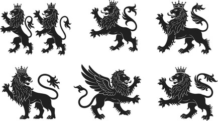Set of six heraldic lion silhouettes in various poses, crowned and winged, ideal for coat of arms and medieval design.